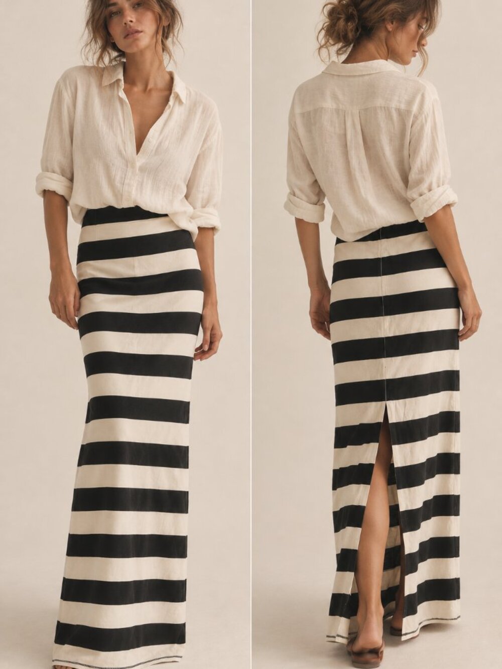 Free People Black & Cream Striped Cotton Maxi Skirt Size S Boho Coastal